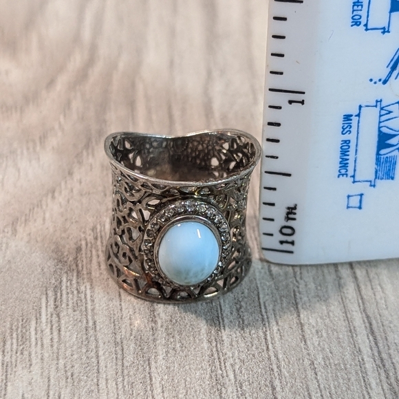 Victorian Larimar Stone CZ & Sterling Silver Laser Cut Heart Wide Band Ring - Picture 10 of 11
